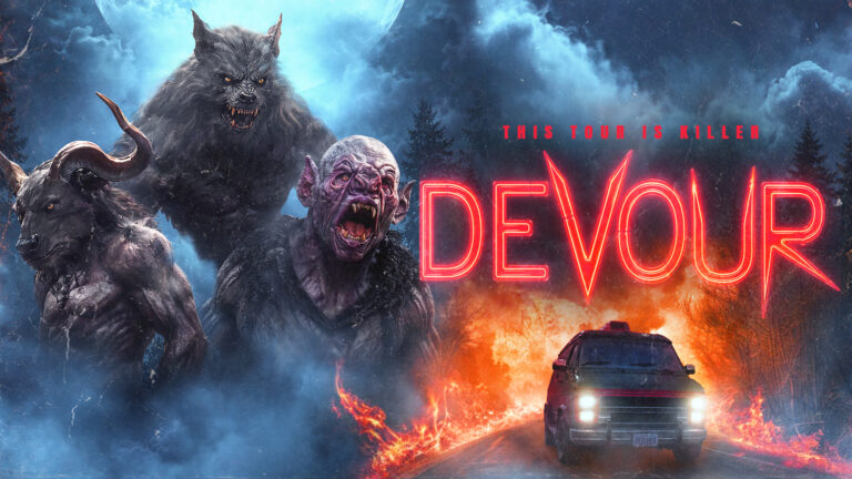 Devour horror movie key art featuring a werewolf, vampire, horned creature and the film’s neon title