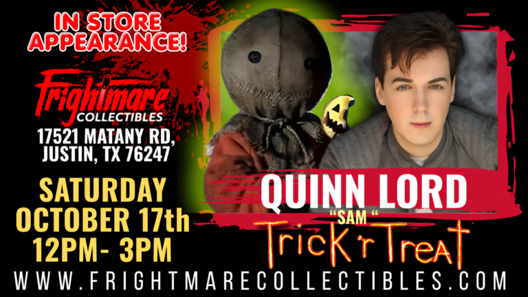 Quinn Lord and Sam from Trick ’r Treat featured on the Frightmare Collectibles October 17 appearance graphic.